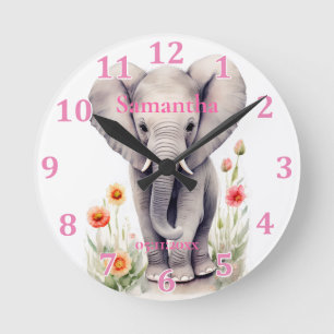 Relógio Redondo Bebê Elefante Fofo Pastel Flor de Primavera Aquare