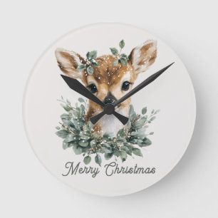 Relógio Redondo Bebê Veado Fofo Feliz Natal – Fawn Aquarela