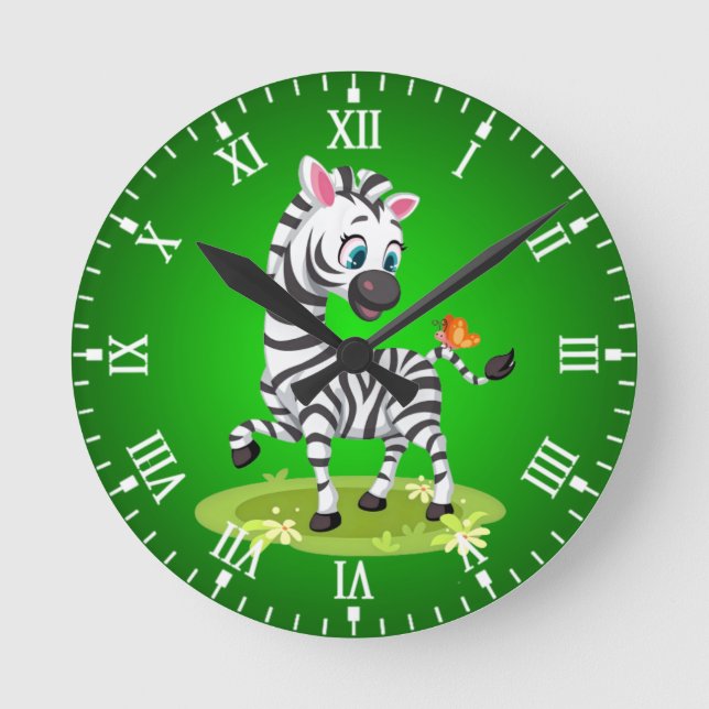 Relógio Redondo Bebê Zebra Desenhando Brincando com Borboleta-2396 (Frente)