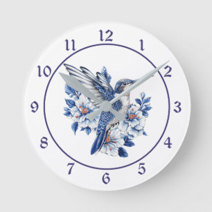 Relógio Redondo Beija-flor Floral Azul