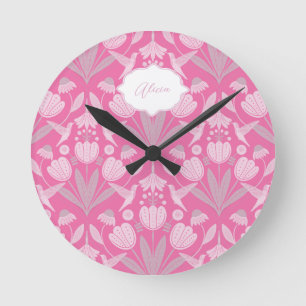 Relógio Redondo Beija-flor Rosa Coquete Floral Personalizado