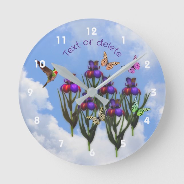 Relógio Redondo Beija-flores Borboletas Íris Flores Personalizadas (Frente)