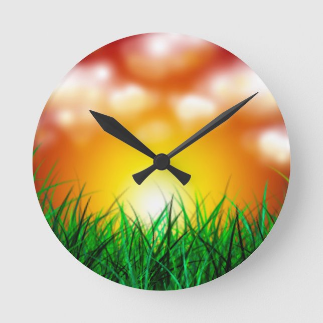 Relógio Redondo Belo nascer do sol sobre um campo de grama (Frente)