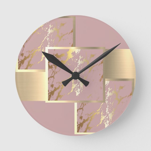 Relógio Redondo Belo rosa e Dourado Design de mármore (Frente)