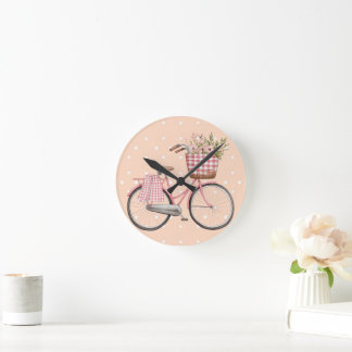 Relógio Redondo Bicicleta com Bolinhas Rosa, Decoração Vintage Fof