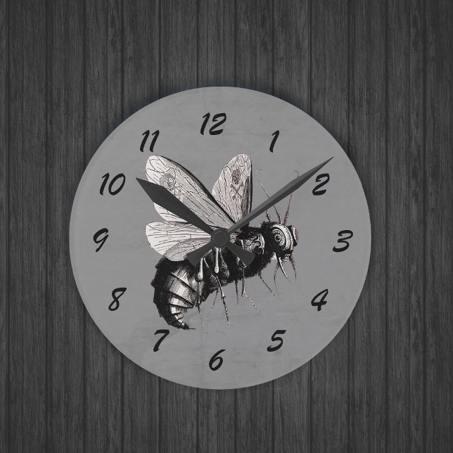 Relógio Redondo Big Scary Bee Black White Illustration Skull Wings (Big Gothic bee skull crossbones on wings on grey round wall clock.)