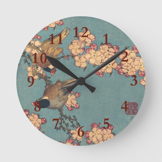 Relógio Redondo Birds Flowers Hokusai Art Japonês (Frente)