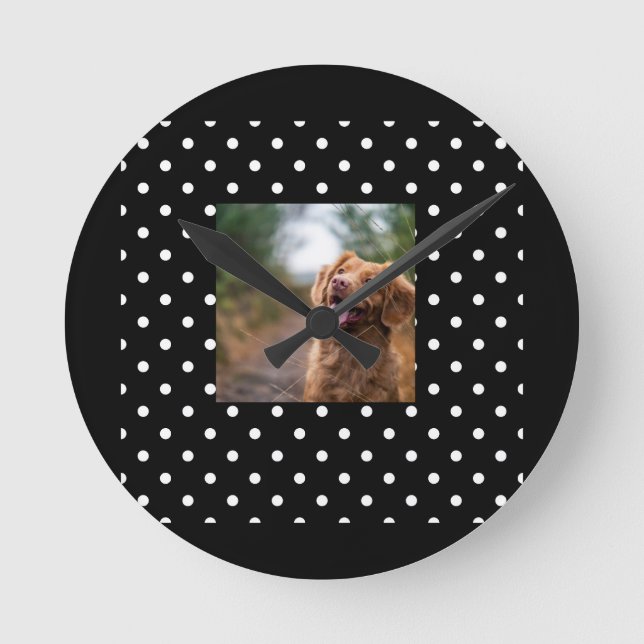 Relógio Redondo Black and white polka dot Dog pic (Frente)