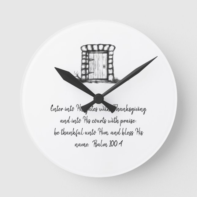 Relógio Redondo Black and White Sketched Garden Door with verse (Frente)