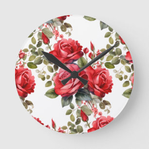 Relógio Redondo Bloqueio Floral de Rosas vermelhas Chic