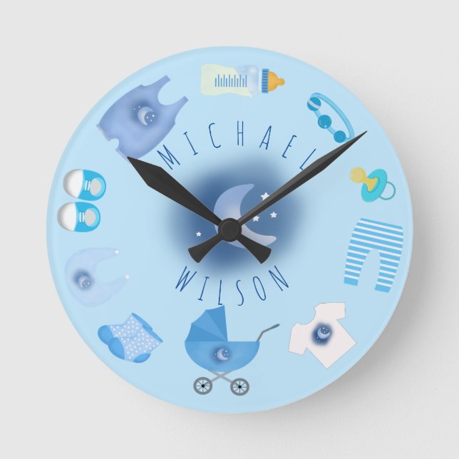 Relógio Redondo Blue Baby Boy Studies Name Wall Clock (Frente)