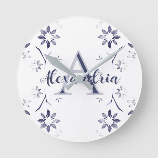 Relógio Redondo Blue Floral Personalized Monogram Name (Frente)