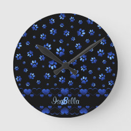 Relógio Redondo Blue glitter dog paw pattern, Monogram 