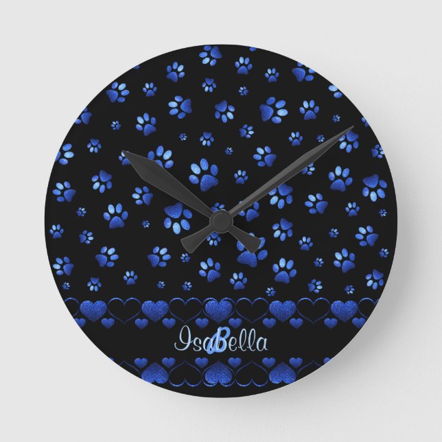 Relógio Redondo Blue glitter dog paw pattern, Monogram  (Frente)