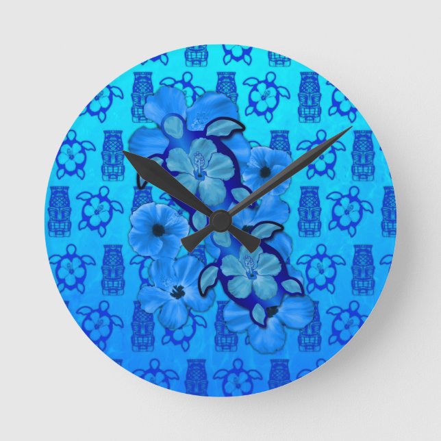 Relógio Redondo Blue Hibiscus Honu Turtles Tiki (Frente)