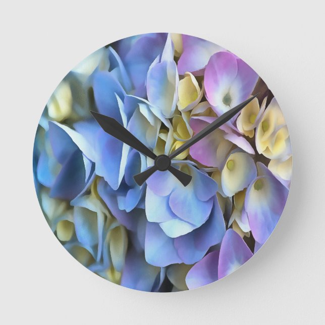 Relógio Redondo Blue Hydrangea Shrub Artístico Bossom (Frente)