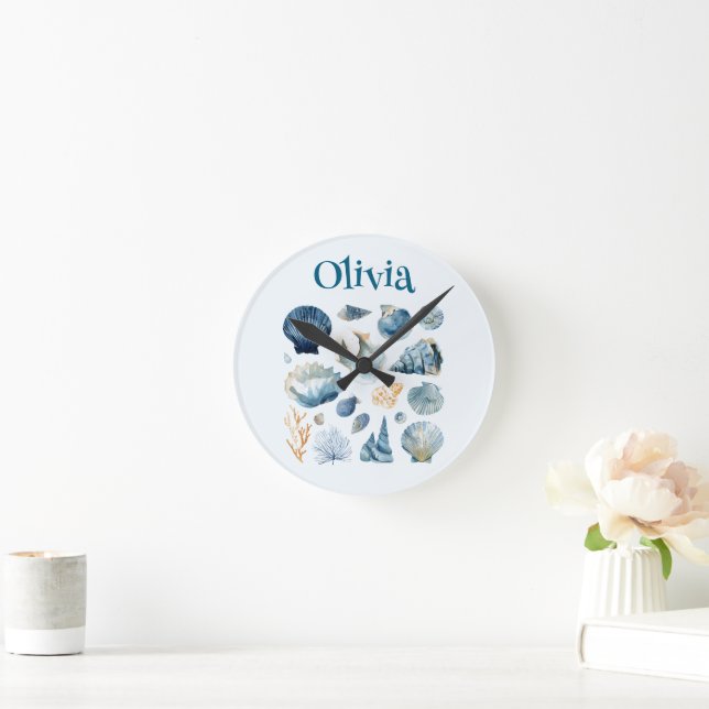 Relógio Redondo Blue Seashell Wall Clock | Custom Name (Lar)