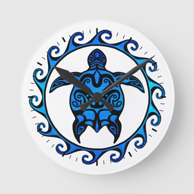 Relógio Redondo Blue Tribal Turtle Sun (Frente)