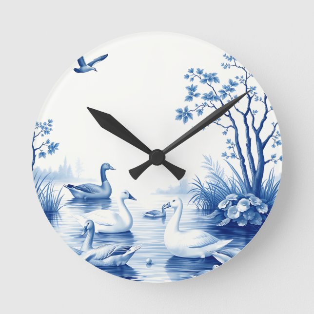 Relógio Redondo Blue Willow Swans Lake Scene (Frente)