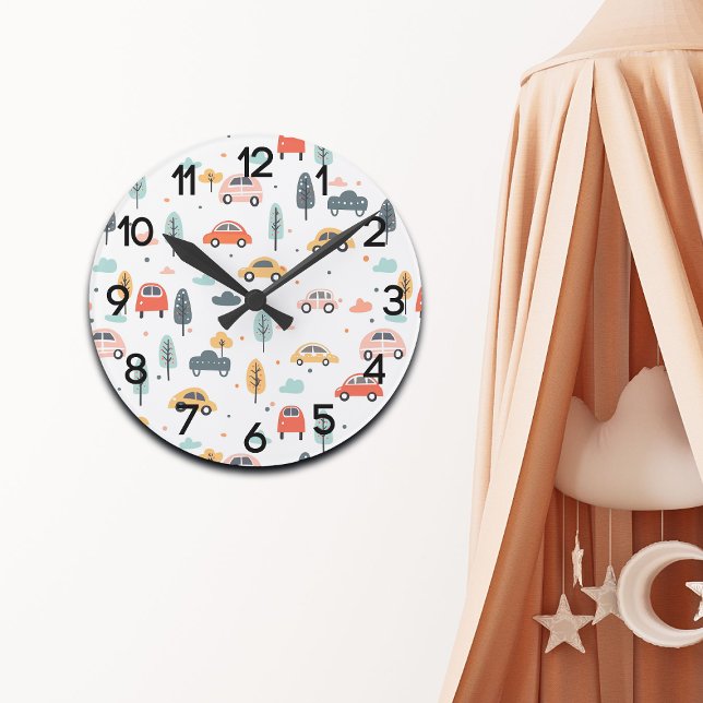 Relógio Redondo Boho Kids Cars, Árvores e Nuvens Padrão Nursery (Criador carregado)