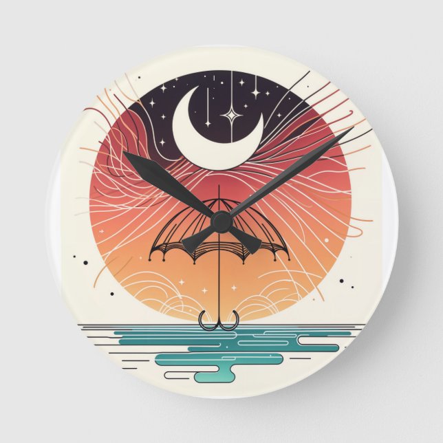 Relógio Redondo Boho Moon e Umbrella Arte Minimalista (Frente)