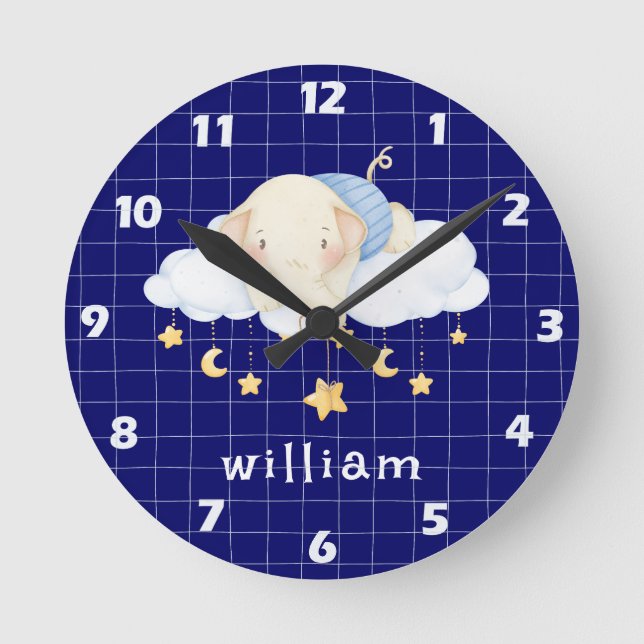 Relógio Redondo Boho Watercolor Elephant Clouds Marinho Blue Nurse (Frente)