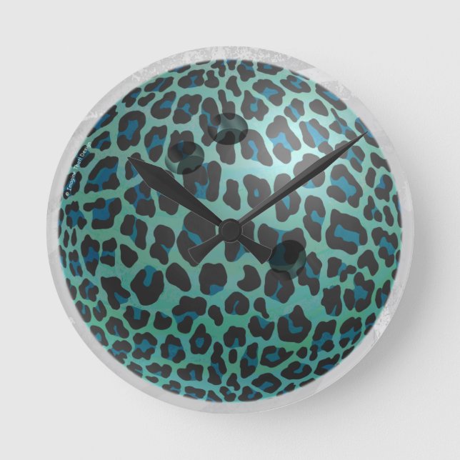 Relógio Redondo bola de boliche Leopard Teal (Frente)