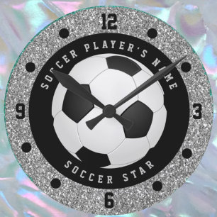 Relógio Redondo Bola de Futebol Glitter Prata Falso Personalizada