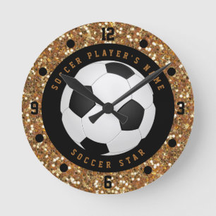 Relógio Redondo Bola de Futebol Personalizada com Brilho de Ouro F