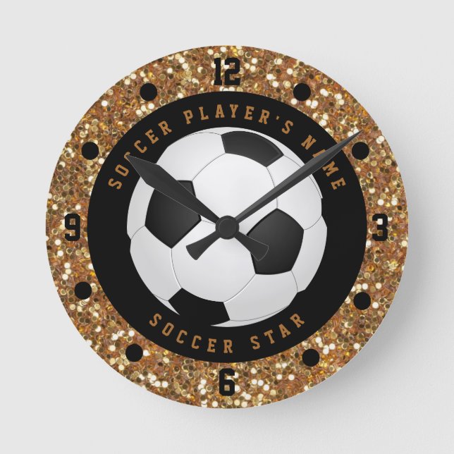 Relógio Redondo Bola de Futebol Personalizada com Brilho de Ouro F (Frente)