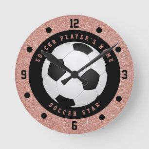 Relógio Redondo Bola de Futebol Rosa Dourado Personalizada para Me