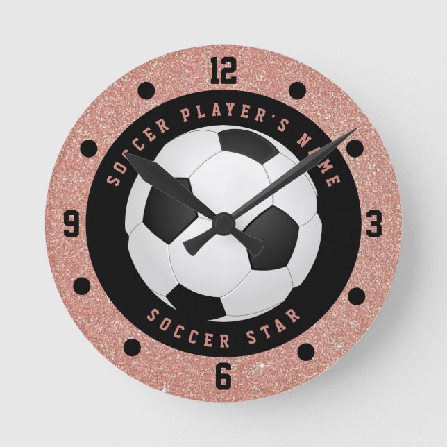 Relógio Redondo Bola de Futebol Rosa Dourado Personalizada para Me (Frente)