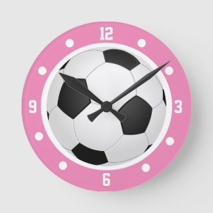 Relógio Redondo Bola de Futebol Rosa para Meninas Preta e Branca