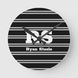 Relógio Redondo Bold White Monogram & Name, Lt Grey Lines on Black