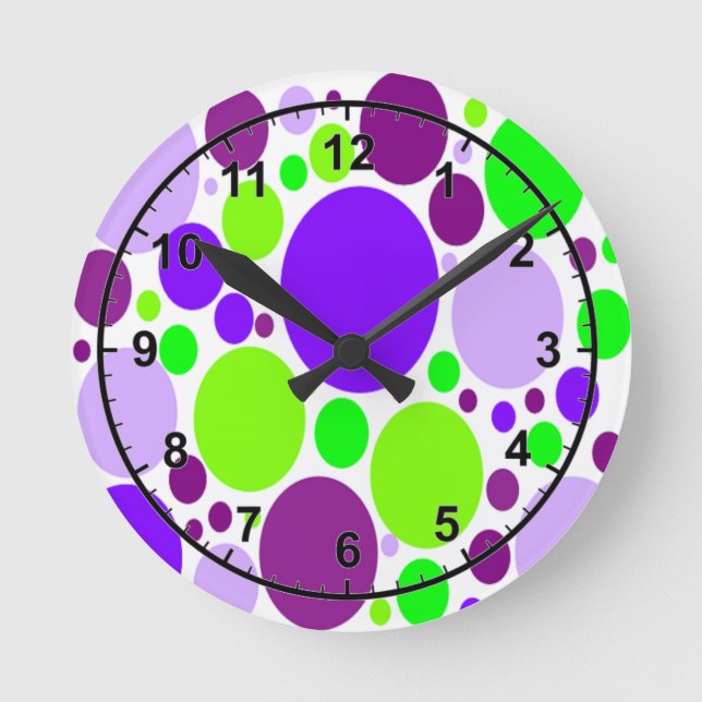 Relógio Redondo Bolinhas Roxas E Verdes (Frente)
