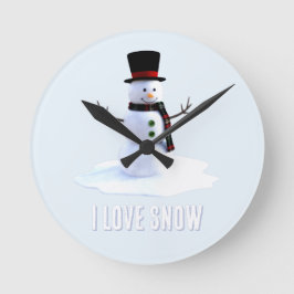 Relógio Redondo Boneco de neve com chapéu e cachecol. Eu Amo Neve