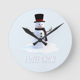 Relógio Redondo Boneco de neve com chapéu e cachecol. Eu Amo Neve