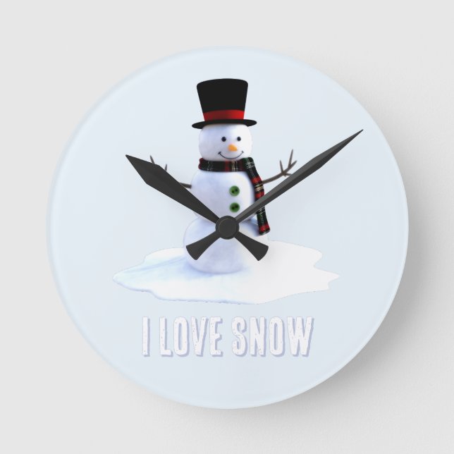 Relógio Redondo Boneco de neve com chapéu e cachecol. Eu Amo Neve (Frente)