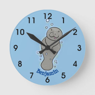 Relógio Redondo Bonito bebê manateado com ilustração de bolhas