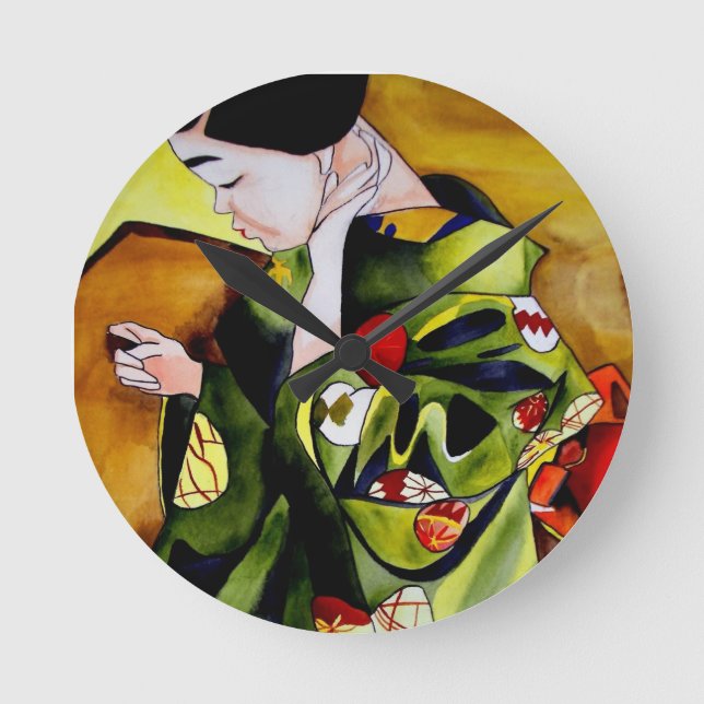 Relógio Redondo Bonito Geisha com arte original verde quimono (Frente)