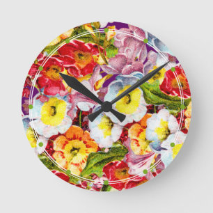 Relógio Redondo Bonito Padrão Floral Vintage Girly Teal Primrose
