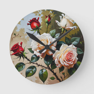 Relógio Redondo Bonito pintura de branco rosa e rosa vermelha