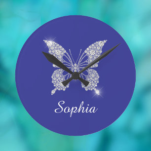 Relógio Redondo Borboleta Diamante Branca, Nome do Script, Azul Pr