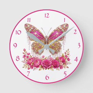 Relógio Redondo Borboleta Glamurosa Rosa e Floral Dourado
