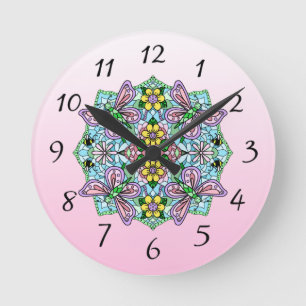 Relógio Redondo Borboleta rosa Mandala Whimsical Drake