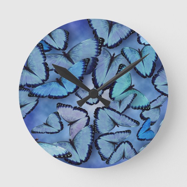 Relógio Redondo Borboletas do Morpho Azul (Frente)