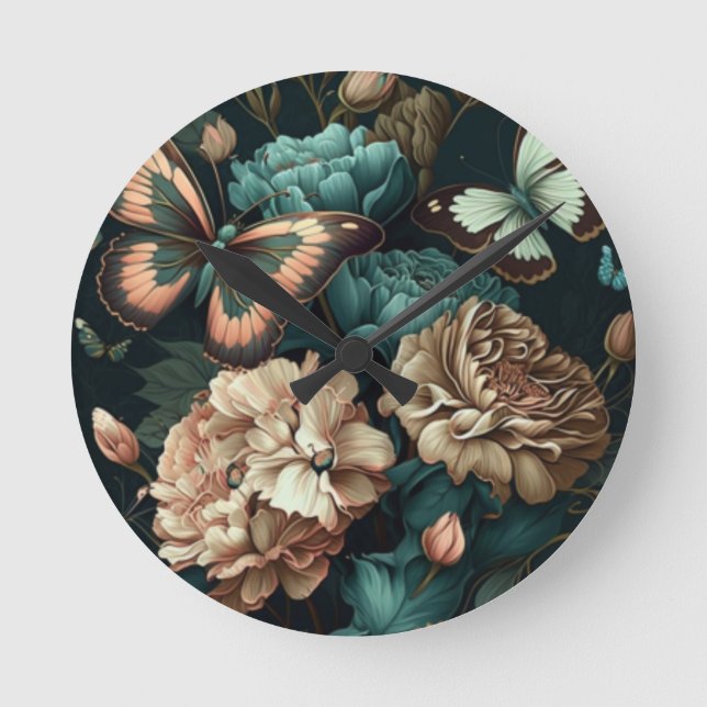 Relógio Redondo Borboletas e flores design clássicas escuras (Frente)