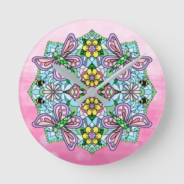 Relógio Redondo Borboletas roxas, cor-de-rosa e flores Mandala (Frente)