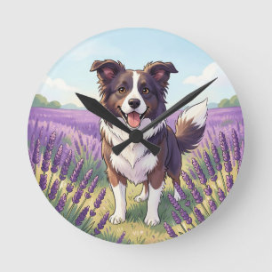 Relógio Redondo Borda Collie Feliz Campo de Lavanda