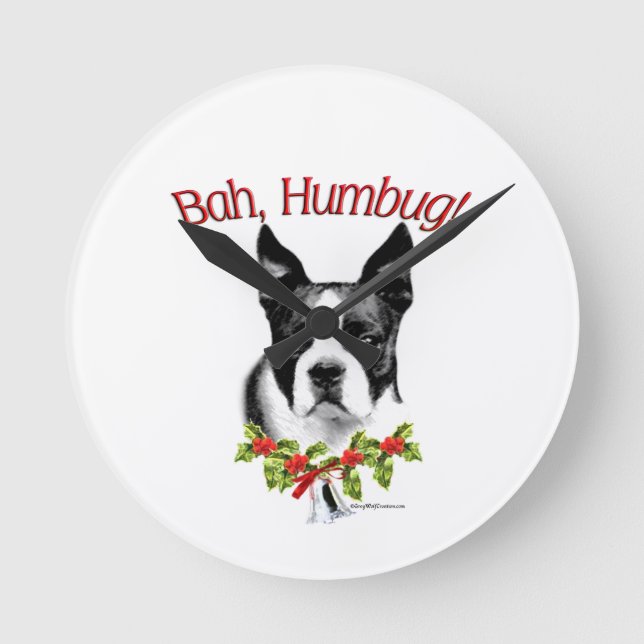 Relógio Redondo Boston Terrier Bah Humbug (Frente)